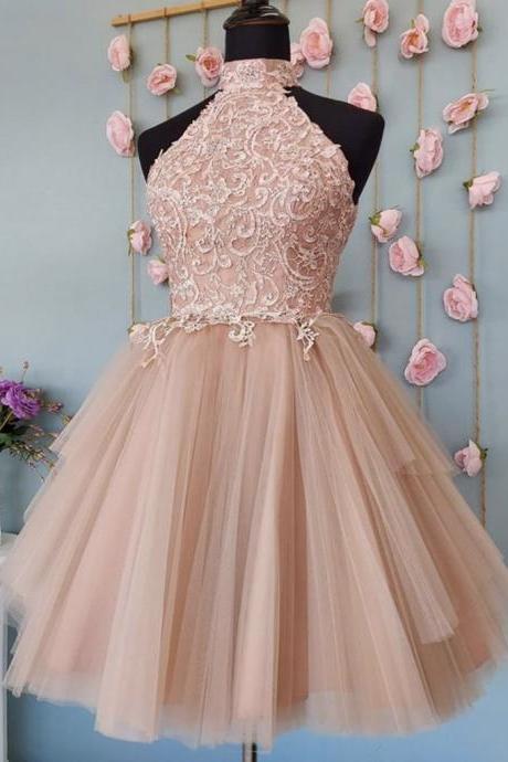Neck Open Back Lace Short Prom Dresses, Lace Formal Graduation Homecoming Dresses