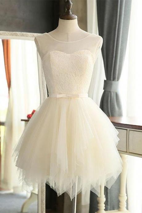 Cute A Line Tulle Round Neck Mini Prom Dress, Evening Dress