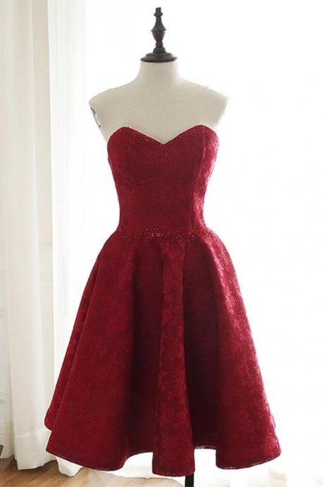 Burgundy Sweetheart Lace Short Prom Dress Burgundy Homecoming Dress