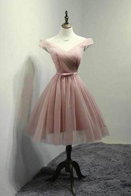 Simple V Neck Tulle Off Shoulder Short Prom Dress, Pink Homecoming Dress