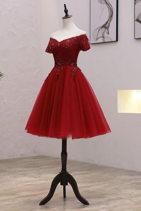 Burgundy Off Shoulder Lace Tulle Short Prom Dress, Burgundy Formal Dress