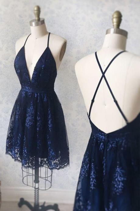 Navy Blue Homecoming Dress With Appliques, Vintage Party Dresseses