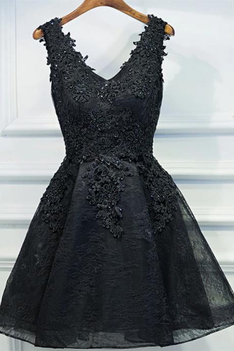 V Neck Short Black Lace Homecoming Dresses, Black Short Formal Dresses