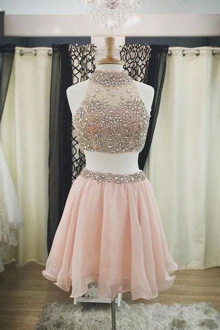 Pretty Two Pieces Pink Homecoming Dresses For Teens, Cocktail Dresses