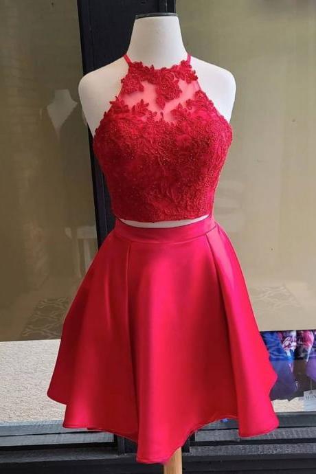 Short Red 2 Pieces Lace Prom Dresses, Two Pieces Short Red Lace Homecoming Graduation Dresses
