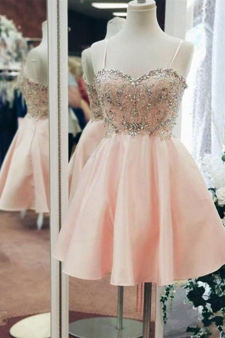 Sweetheart Neck Short Pink Prom Dresses, Short Pink Beaded Homecoming Graduation Dresses