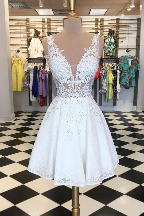 White V Neck Lace Short Prom Dress, White Homecoming Dress