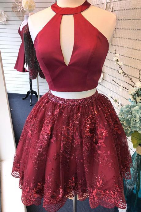Two Piece Burgundy Beaded Sequins Homecoming Dress With Cut Out Design,lace Short Prom Dress