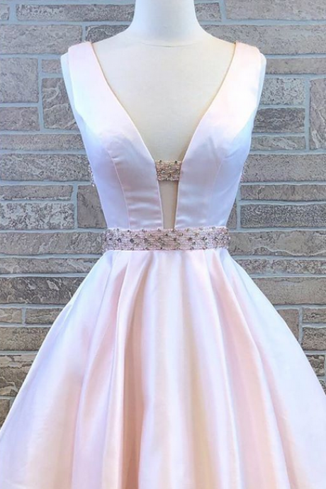 Cute Pink V Neck Beaded Homecoming Dress,short Pink Prom Dress