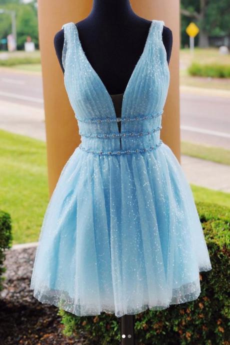 Cute V Neck Blue Tulle Short Prom Dress,homecoming Dress