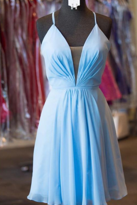 Cute V-neck Blue Chiffon Homecoming Dress,open Back Short Party Dress,mini Cute Dress