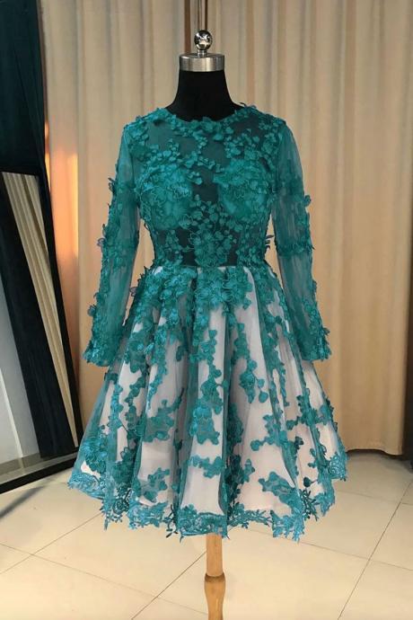 Green Long Sleeve Lace Short Prom Dress,a Line Lace Bridesmaid Dress,women Party Dresses