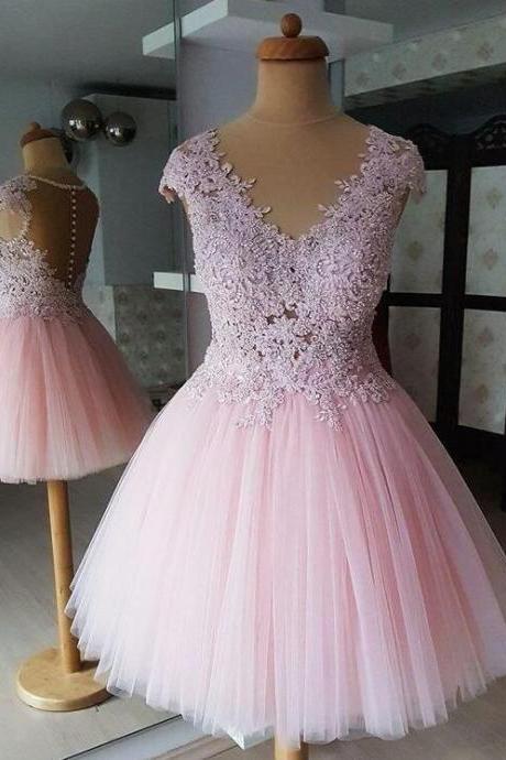 Vintage Pink Short Lace Prom Dress, Homecoming Dress