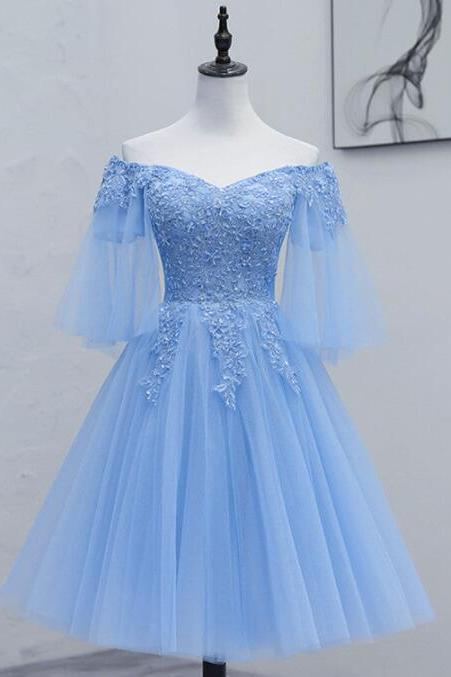 Off Shoulder Light Blue With Lace Homecoming Dresses,homecoming Dress