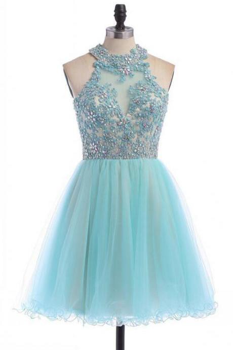 Sky Blue Open Back Sequined Graduation Dress,charming Beaded Appliques