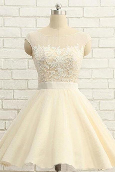 Knee-length Prom Dresses,short Lace Homecoming Dresses,champagne Organza Cap Sleeves Homecoming Dress With Lace