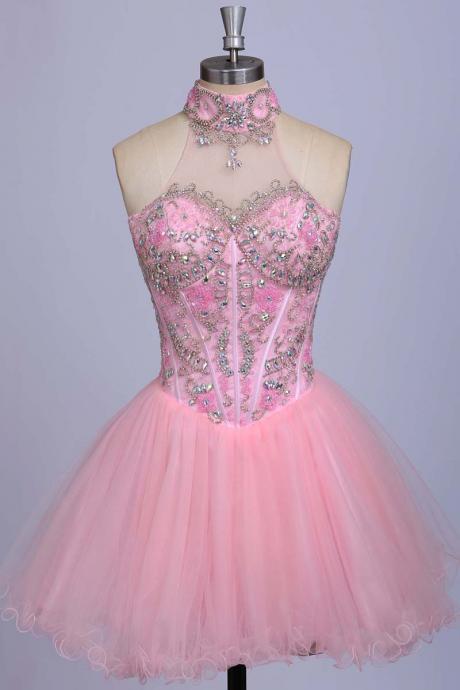 Charming Prom Dress,a-line Homecoming Dresses,beaded Homecoming Dresses,pink Homecoming Dresses,tulle Homecoming Dresses