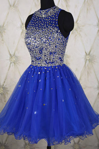 Royal Blue A-line Homecoming Dress With Halter Neckline And Backless Detail