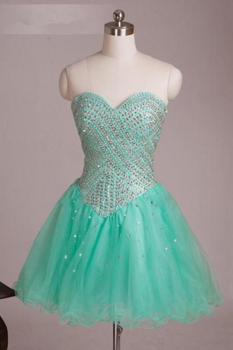 Elegant Sweetheart Full Crystal Beaded Mint Homecoming Dresses, Mini Party Dresses Prom Gown