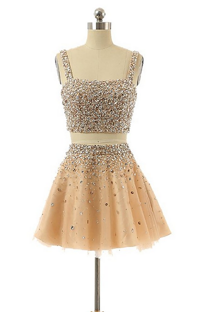 Prom Gowns, Women's Beaded Spaghetti Crystals Open Back Two Piece Short Homecoming Dresses