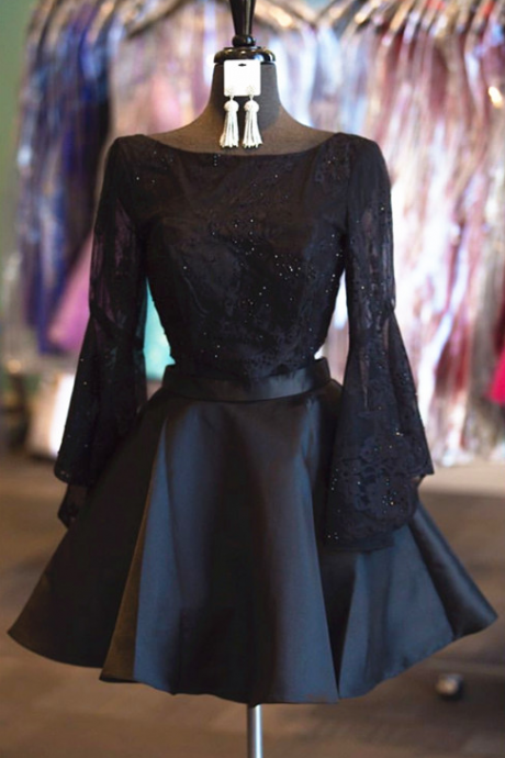 Black Homecoming Dress,long Sleeves Homecoming Dress,two Piece Prom Dresses Short