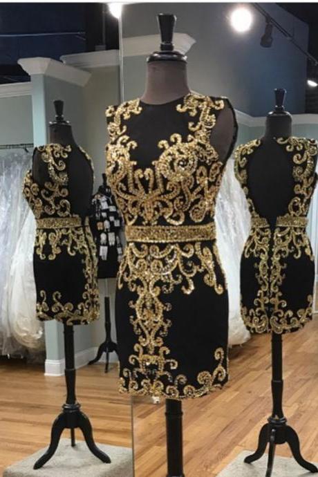 Gold Embroidery Homecoming Dresses,black Homecoming Dress,short Black Prom Dresses