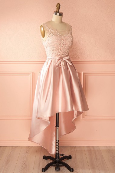Women High Low Pink Lace Satin Homecoming Dress, Prom Dress, Short Cocktail Party Gown