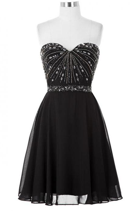 Black Chiffon Short A-line Homecoming Dress, Featuring Beaded Embellished Sweetheart Bodice And Lace-up Back