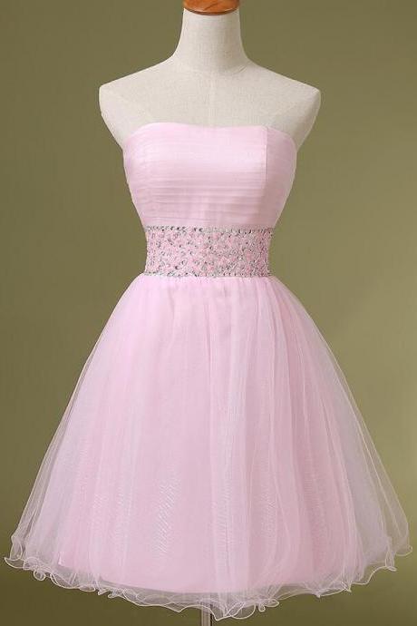Pink Tulle Mini Prom Dresses Graduation Cocktail Dresses, Beaded Short Evening Dresses, Strapless Women Party Dresses Formal Gowns