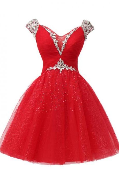 Red Graduation Cocktail Dresses, Rhinestone Short Evening Dresses, V Neck Crystal Tulle Mini Prom Dresses