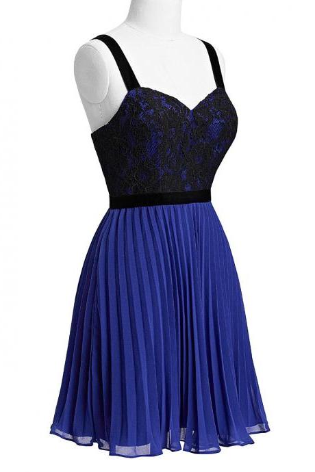 Charming Spaghetti Straps Royal Blue Homecoming Dresses With Lace Bodice,short Chiffon Prom Dresses