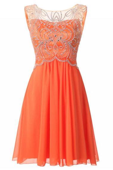 Charming Sheer Neck Chiffon Orange Homecoming Dresses, Short Strapless Crystal Beaded Prom Dresses