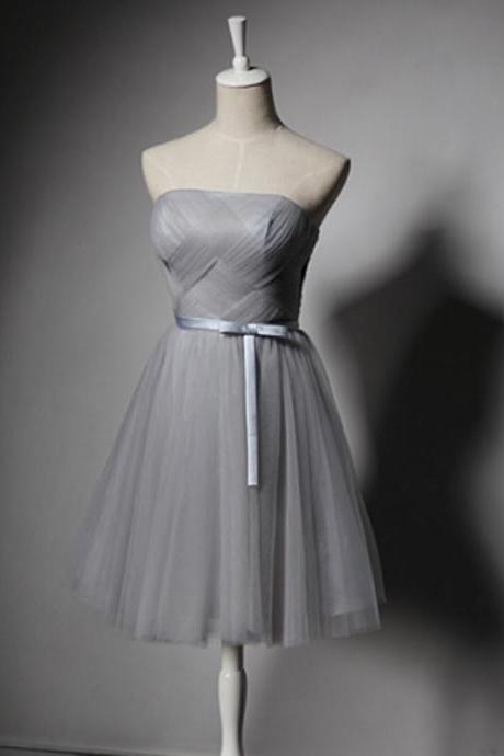 Grey Short Tulle Homecoming Dress, Strapless Ruched Bodice With Bow Accent Belt And Lace-up Back