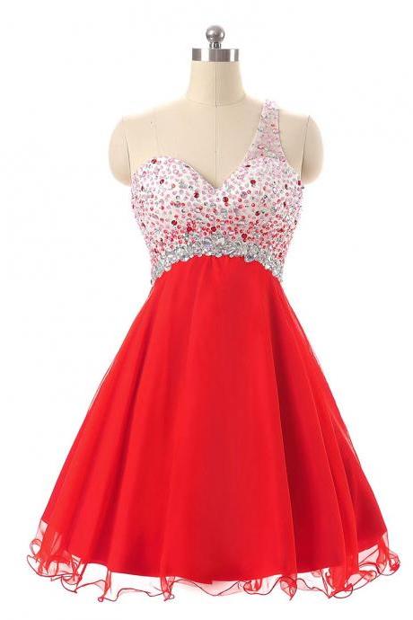 One Shoulder Red Homecoming Dresses,short Beaded Cross Back Cocktail Dressses, Unique Short Prom Dress