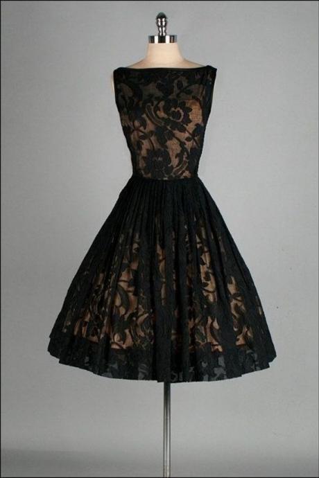 Vintage Prom Dress, Black Lace Prom Gowns, Mini Short Homecoming Dress