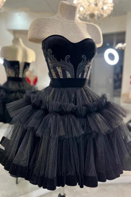 Little Black Short Homecoming Dresses, Lace Top Mini Party Prom Gowns, Tulle Tutu Skirt Gothic Graduation Outfits