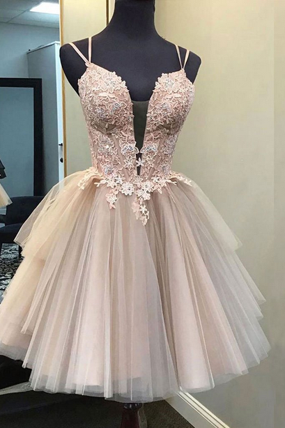 Sweet Cute Short Homecoming Dresses, Deep V-neck Spaghetti Strap Lace Applique Ruffles Tulle Ball Gown, Women Prom Party Gowns