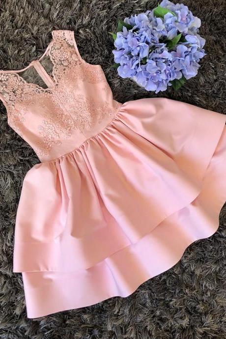 Cute Mini V Neck Homecoming Dress, A Line Two Layers Lace Graduation Dress, Satin Prom Dress With Lace