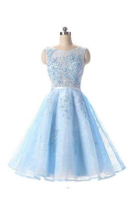 Light Blue Appliqued Sleeveless Lace Homecoming Dresses,girls A-line Scoop Neck Cocktail Dresses,lace Appliques Lace Party Gowns,short Prom