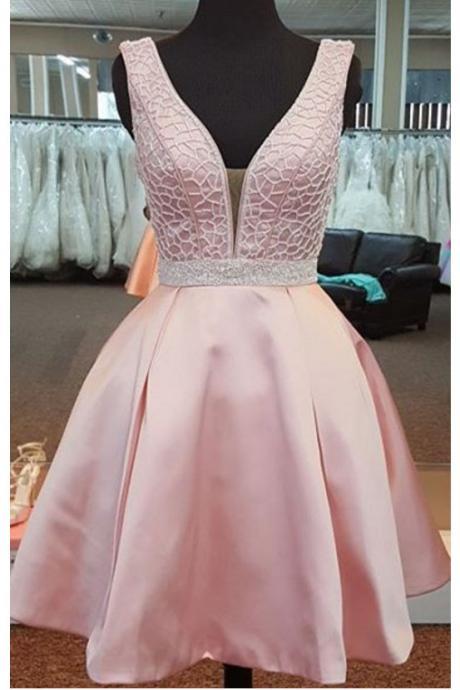 Pink Satin Homecoming Dress,short Sexy Homecoming Gowns,v Neck Short Prom Dress,sleeveless Cocktail Party Dresses, Sweet Dresses