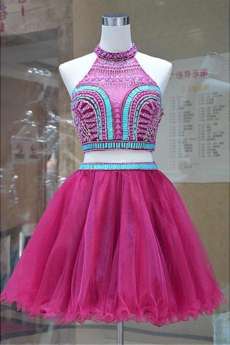 Two Piece Homecoming Dress,pretty Tulle Halter Neckline Prom Dresses,two Piece Prom Dress,a-line Short Homecoming Dresses With Beadings