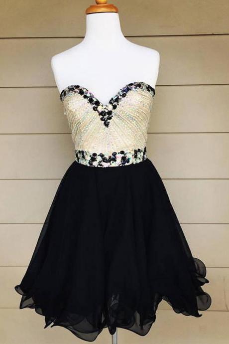 Black Chiffon Homecoming Dresses,sparkly Beaded Short Prom Dresses,hoco Dresses,beaded Sweet Dress