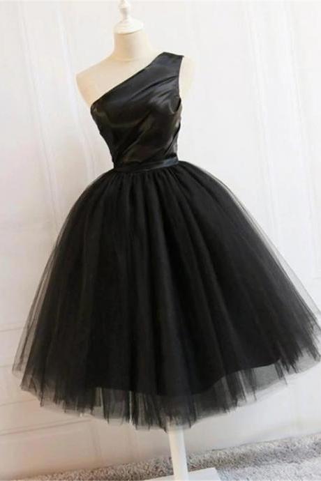 Black Tulle One Shoulder Elegant Tea Length Party Dress, Evening Black Formal Dress