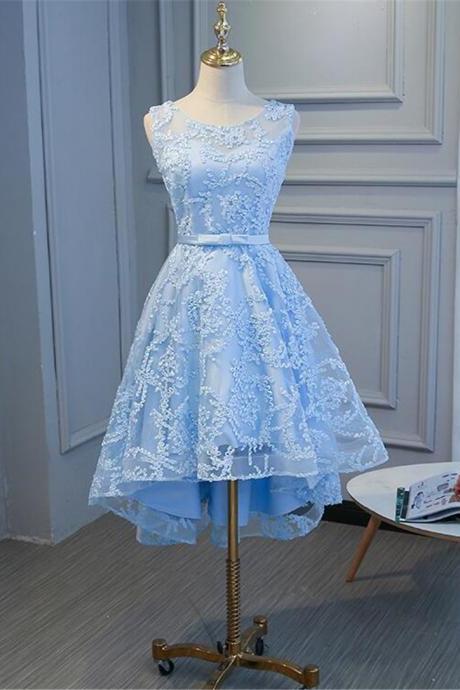 Blue High Low Fashionable Homecoming Dress, Lace Cute Prom Dress