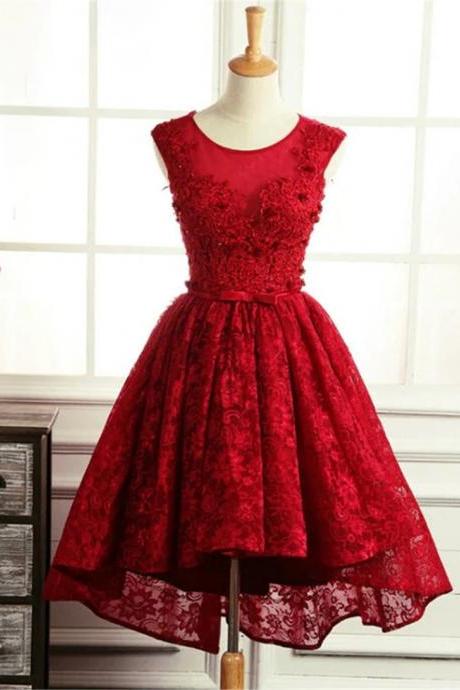Lovely Lace Round Neckline High Low Homecoming Dress, Red High Low Party Dress