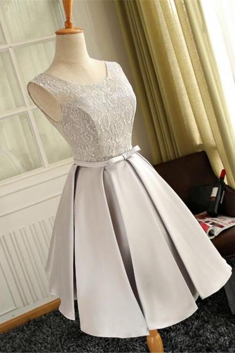 Simple Lace And Satin Knee Length Round Neckline Party Dress, Evening Short Prom Dress