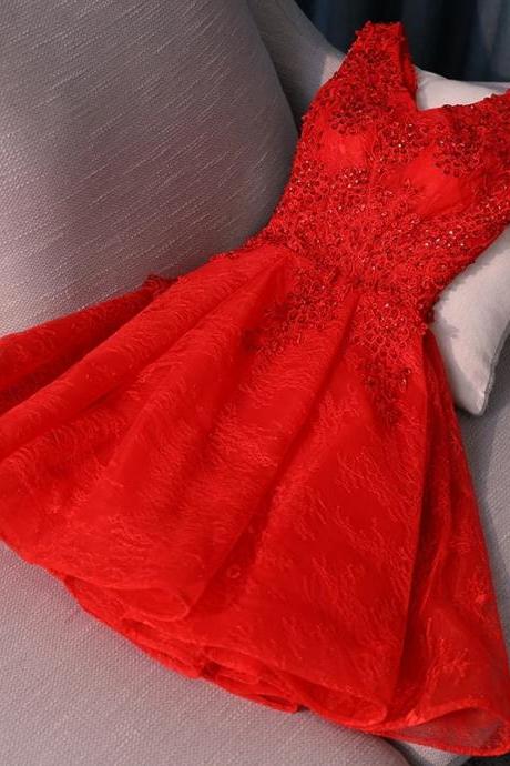 Lovely Red Short V-neckline Lace Homecoming Dress, Red Short Prom Dress