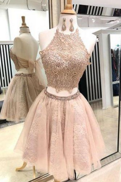Cute Pink Lace Two Pieces Short Prom Dress, Homecoming Dress