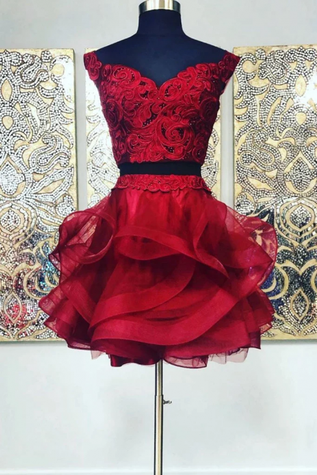 Two Pieces Red Applique Short Prom Dress, Homecoming Dress