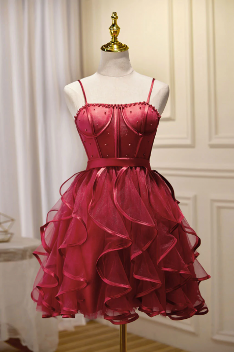 Mini/short Burgundy Prom Dress, Puffy Cute Burgundy Homecoming Dress